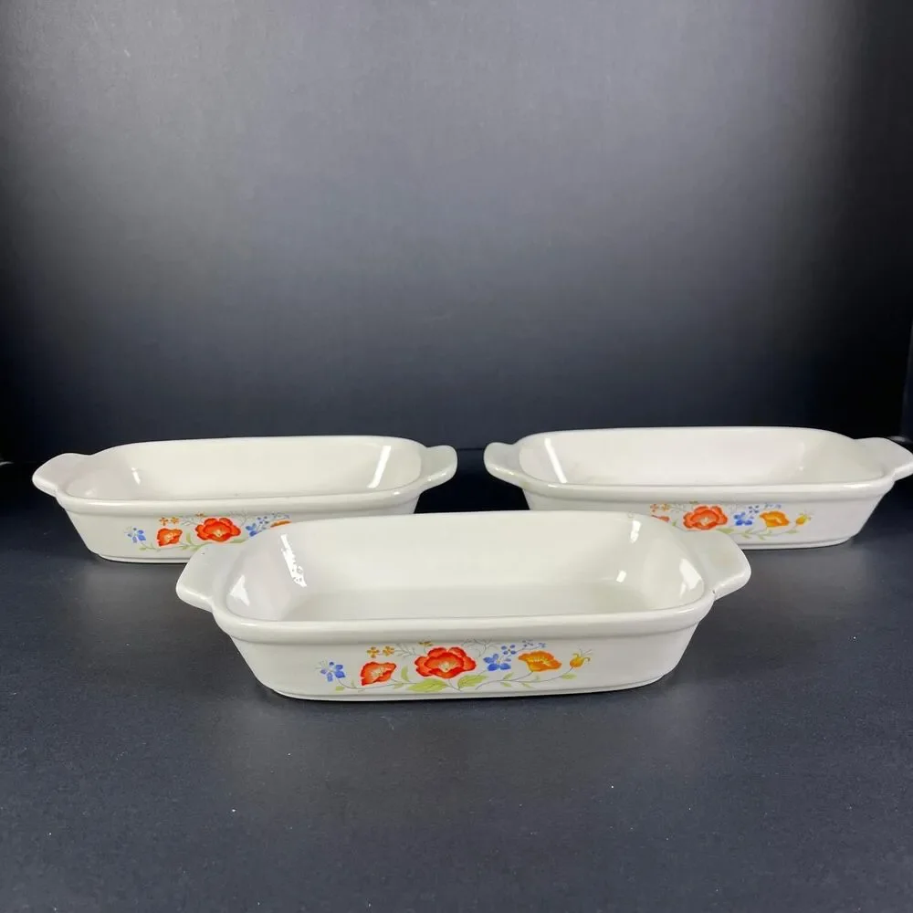 1980s Northland Japan Oven Proof 3 Small Baking Dishes Floral Pattern READ